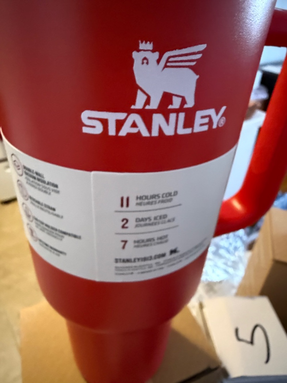 Stanley Red Tumbler with White Logo and Handle